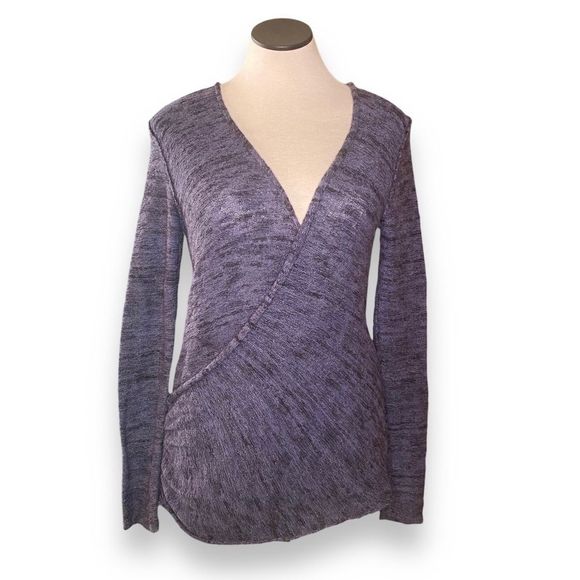 🎈 Free People Gotham Heathered Navy Faux Crossover Sweater Size Small - Picture 4 of 8